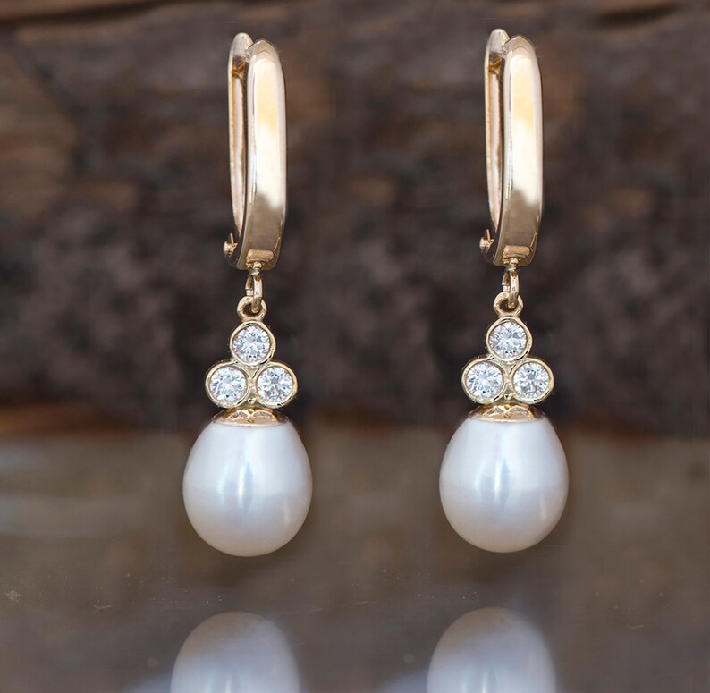 Freshwater Pearl Earrings-14 K Yellow Gold-Bridal Earrings-Pearl dangle earrings-Pearl drop earrings-Diamond & Pearl-anniversary gift image 1