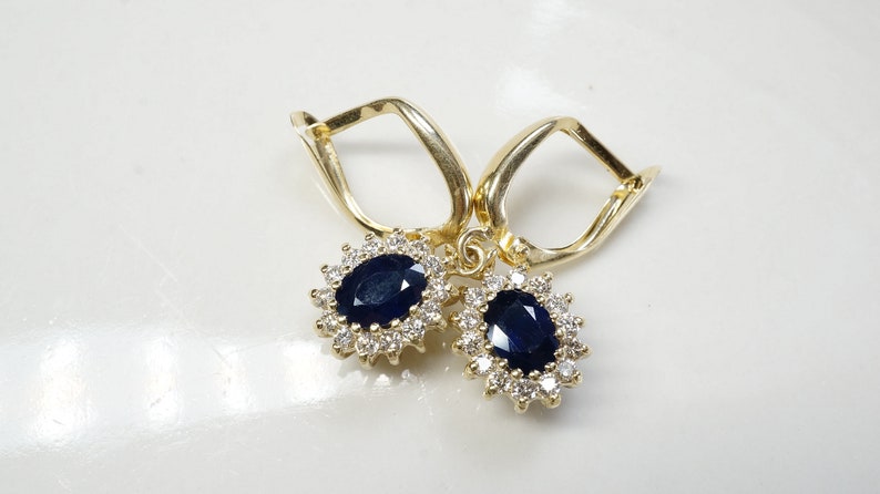 Cluster earrings-Blue Sapphire Earrings-Diamond Earrings with Sapphire-Sapphire Drop Earrings-Women's Jewelry-Vintage earrings-Gift for her image 5