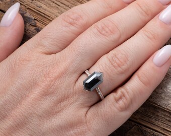 Hexagon Salt and Pepper Ring, Salt and Pepper Engagement Ring, Art Deco Diamond Jewelry, Geometric Engagement Ring, Hexagon Engagement Ring