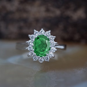 1 carat Green Emerald Engagement Ring-Diamond ring with Emerald-halo emerald ring-Oval cut engagement ring-Diana Ring-vintage emerald ring image 4