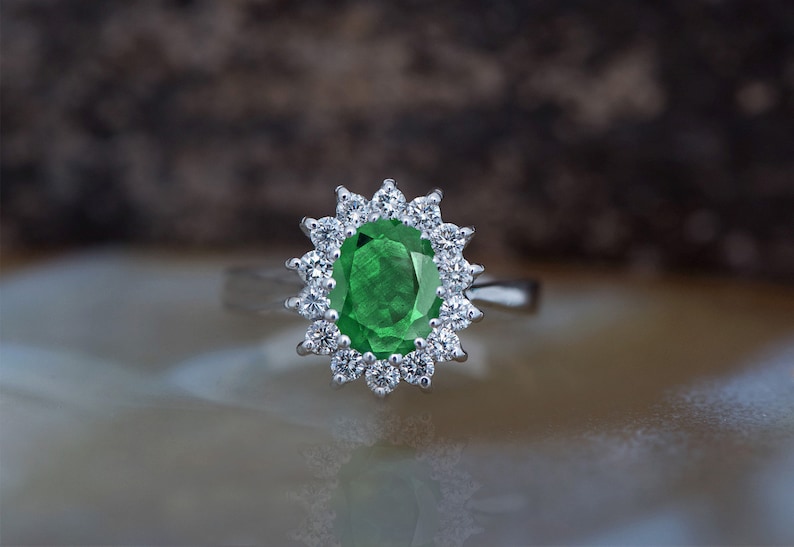 1 carat Green Emerald Engagement Ring-Diamond ring with Emerald-halo emerald ring-Oval cut engagement ring-Diana Ring-vintage emerald ring image 4