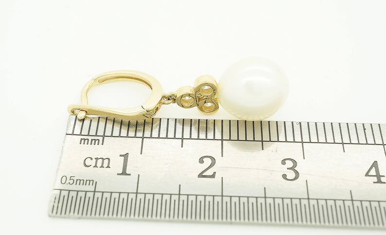 Freshwater Pearl Earrings-14 K Yellow Gold-Bridal Earrings-Pearl dangle earrings-Pearl drop earrings-Diamond & Pearl-anniversary gift image 7