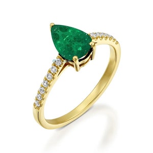 Dainty 14k Solid Gold Pear Emerald Engagement Ring, Unique Tear Drop Emerald Gemstone Ring, Fancy Emerald Diamond Ring, May Birthstone Ring