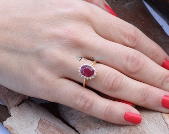 Ruby Diamond Ring, Ruby Engagement Ring, Vintage Style Ruby Ring, Ruby Jewelry, Oval Halo Ring, Art Deco Ruby Ring, 14k Gold Ruby Ring