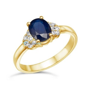 Prachtige saffier edelsteen en echte diamanten ring, elegante massief gouden ovale 1 karaat blauwe saffier verlovingsring, vintage stijl beloftering
