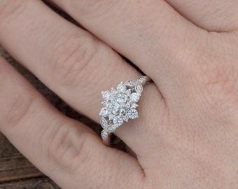 Alternative Flower Engagement Ring, Unique Vintage Style Salt and Pepper Diamond Engagement Ring in Solid Gold, Non Traditional Promise Ring