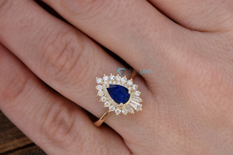 14k Gold Sapphire Ring, Gatsby Ring, Sunburst Ring, Ballerina Ring, Art Deco Diamond Jewelry, Sapphire Diamond Ring, Art Deco Sapphire Ring image 1