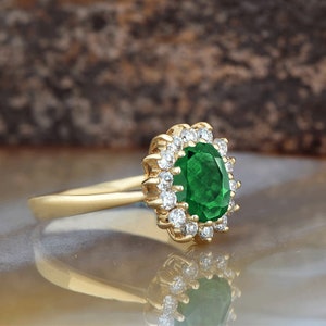 1 carat Green Emerald Engagement Ring-Diamond ring with Emerald-halo emerald ring-Oval cut engagement ring-Diana Ring-vintage emerald ring image 8