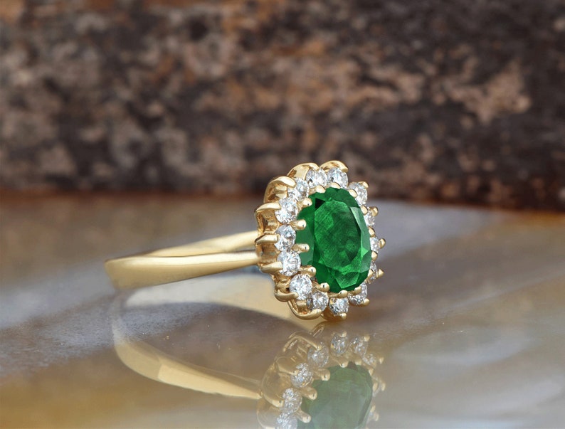 1 carat Green Emerald Engagement Ring-Diamond ring with Emerald-halo emerald ring-Oval cut engagement ring-Diana Ring-vintage emerald ring image 8