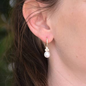 Freshwater Pearl Earrings-14 K Yellow Gold-Bridal Earrings-Pearl dangle earrings-Pearl drop earrings-Diamond & Pearl-anniversary gift image 3