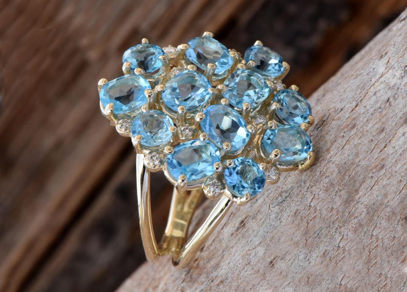 Blue Topaz ring-Gold ring-Anniversary ring-Natural blue topaz-Gold Statement Ring-Blue topaz engagement ring-Art deco ring-Multistone rings image 7