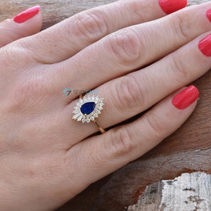 14k Gold Sapphire Ring, Gatsby Ring, Sunburst Ring, Ballerina Ring, Art Deco Diamond Jewelry, Sapphire Diamond Ring, Art Deco Sapphire Ring image 5