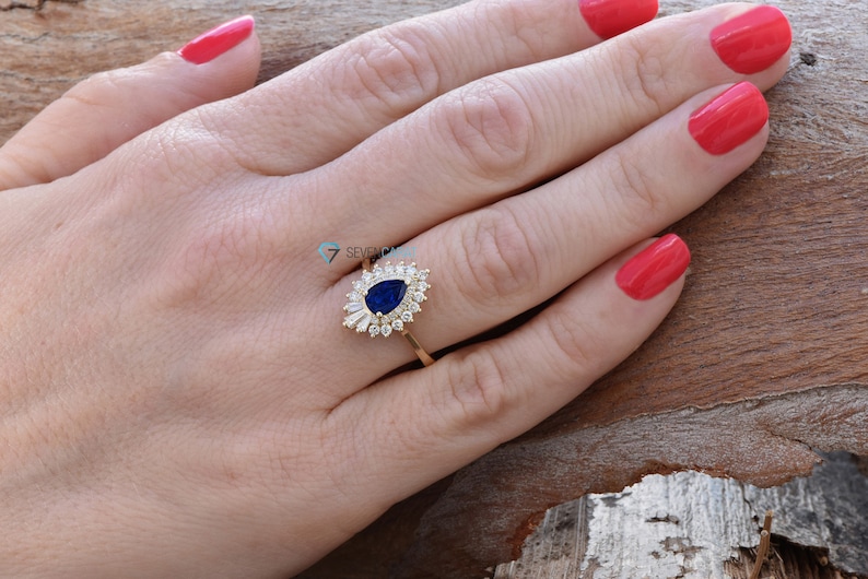 14k Gold Sapphire Ring, Gatsby Ring, Sunburst Ring, Ballerina Ring, Art Deco Diamond Jewelry, Sapphire Diamond Ring, Art Deco Sapphire Ring image 5