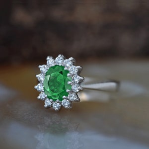 1 carat Green Emerald Engagement Ring-Diamond ring with Emerald-halo emerald ring-Oval cut engagement ring-Diana Ring-vintage emerald ring image 2
