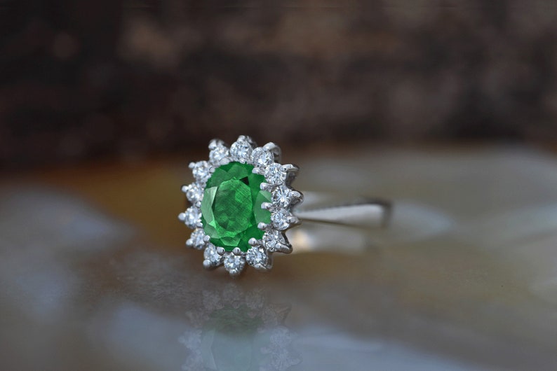 1 carat Green Emerald Engagement Ring-Diamond ring with Emerald-halo emerald ring-Oval cut engagement ring-Diana Ring-vintage emerald ring image 2