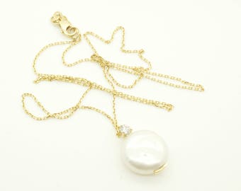 Art deco pearl pendant-Freshwater pearl pendant-Bridal necklace pearls-Pearl necklace-Diamond & Pearl-Anniversary gift-11 mm natural pearl