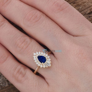 14k Gold Sapphire Ring, Gatsby Ring, Sunburst Ring, Ballerina Ring, Art Deco Diamond Jewelry, Sapphire Diamond Ring, Art Deco Sapphire Ring image 3