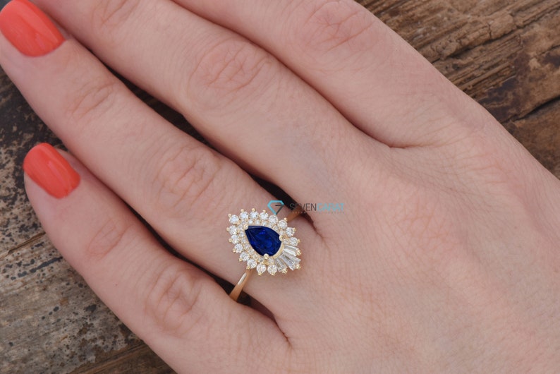 14k Gold Sapphire Ring, Gatsby Ring, Sunburst Ring, Ballerina Ring, Art Deco Diamond Jewelry, Sapphire Diamond Ring, Art Deco Sapphire Ring image 3
