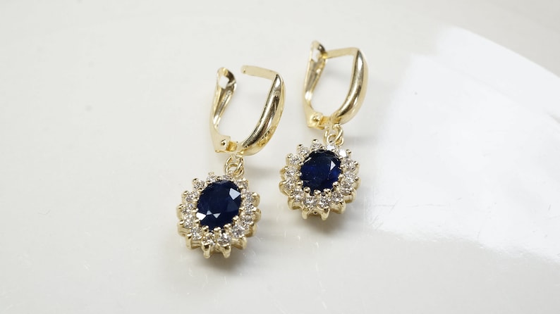 Cluster earrings-Blue Sapphire Earrings-Diamond Earrings with Sapphire-Sapphire Drop Earrings-Women's Jewelry-Vintage earrings-Gift for her image 4