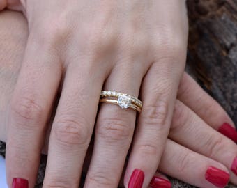 Bridal set rings yellow gold-Diamond wedding set 1.50 carat-Cluster wedding ring set-Promise ring-Art deco wedding ring set-Custom ring