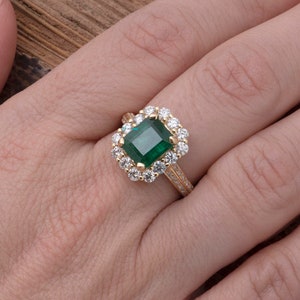 14k Gold Emerald and Diamond Engagement Ring, Real Emerald Engagement Ring, Art Deco Rectangle Halo Emerald Diamond Ring, Emerald Jewelry