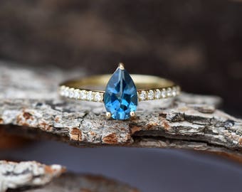 Tourmaline engagement ring-Yellow Gold Ring-Blue tourmaline ring-Anniversary present-Promised ring-Pear shape tourmaline-Unique ring-For her