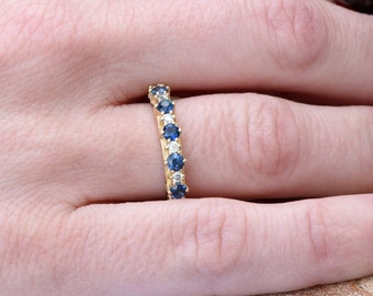 Half Eternity Blue Sapphire and Diamond Wedding Band in 14K Yellow Gold, Dainty Gemstone Ring, September Birthstone Gift, Multistones ring