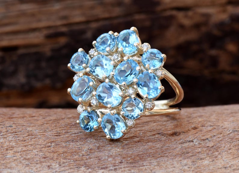 Blue Topaz ring-Gold ring-Anniversary ring-Natural blue topaz-Gold Statement Ring-Blue topaz engagement ring-Art deco ring-Multistone rings image 4