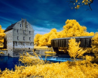 Old Abandoned Mill Print, Scenic, rustic, travel, wall art, Bollinger Mill, Missouri, Covered Bridge, Infrared Photography