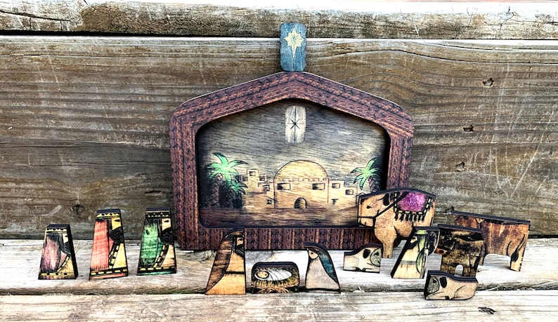 Nativity Set Wood Puzzle Decoration Set Folk Art Christmas 13 Piece image 2