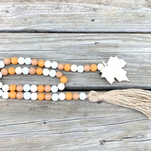 Fall Garland-Wooden Leaf Orange Brown White Wood Bead Garland Boho Tassel Tassels Rustic 40 Leaf garland image 4