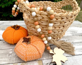 Fall Garland-Wooden Leaf Orange Brown White Wood Bead Garland Boho Tassel Tassels Rustic 40" - Leaf garland