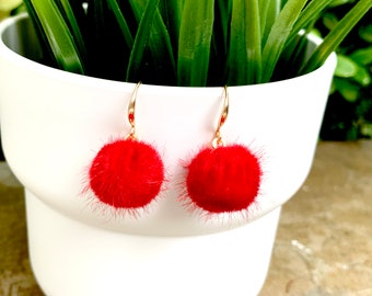 Red Crimson Fur Ball Gold Hook Earrings New