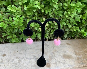 Pink Fuzzy Ball Gold Hook Earrings Cute Dainty