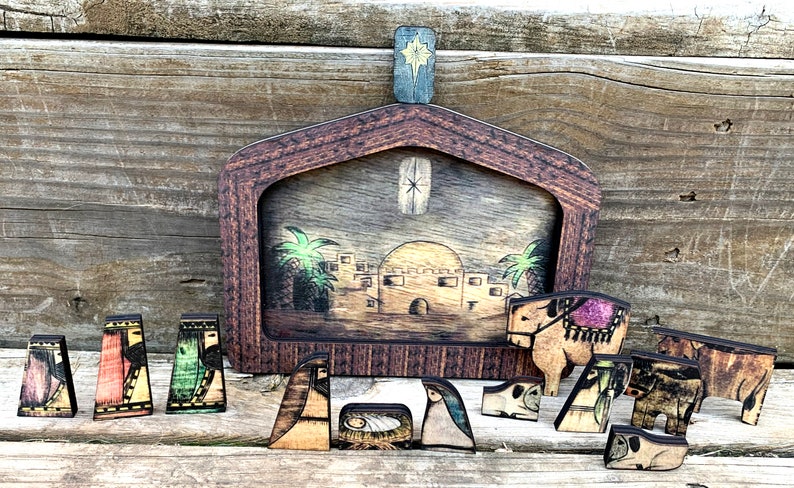 Nativity Set Wood Puzzle Decoration Set Folk Art Christmas 13 Piece image 1