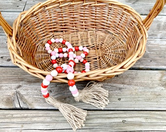 Red White Pink Wood Bead Garland Decor, Long Wood Bead Garland, Natural Stain Wood Bead, Farmhouse Beads, Prayer Beads, 60 Inches