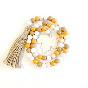 Fall Garland-Wooden Leaf Orange Brown White Wood Bead Garland Boho Tassel Tassels Rustic 40 Leaf garland image 5