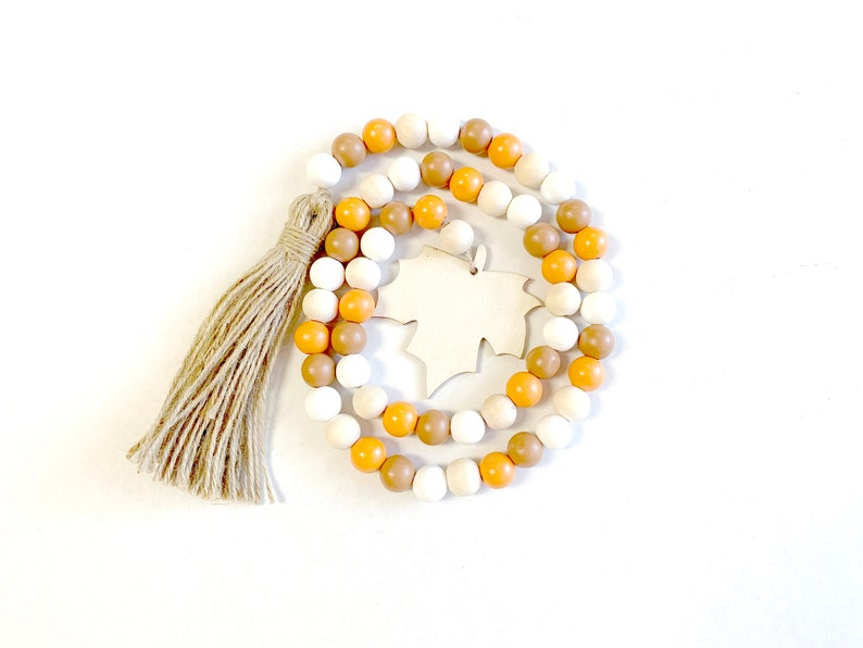 Fall Garland-Wooden Leaf Orange Brown White Wood Bead Garland Boho Tassel Tassels Rustic 40 Leaf garland image 5