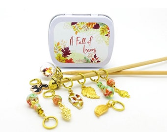 A Fall of Leaves Knitting / Crochet Stitch Markers with Matching Tin