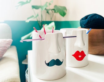 His and Hers Crochet Hook Tidy - Pen Pot - Moustache - Lips - Man - Woman - Nose