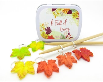 A Fall of Leaves CLAY Knitting / Crochet Stitch Markers with Matching Tin