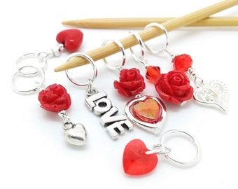 Red Roses and Love Hearts - Valentines Knitting/Crochet Stitch Markers with Matching Tin