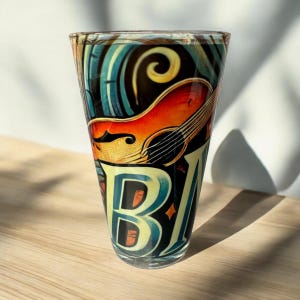 Puede incluir: Un vaso alto con un diseño colorido que presenta una guitarra y la palabra "BM". El vaso tiene un diseño azul, naranja, amarillo y rojo.