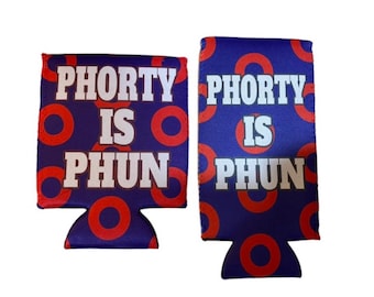 May include: Two blue beverage insulators with the text "PHORTY IS PHUN" in white, surrounded by red circles. The insulators are designed to keep drinks cold and are made of a flexible material.