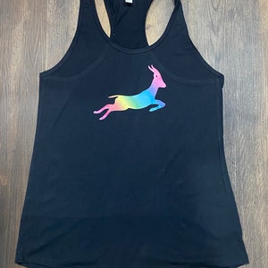 May include: Black tank top with a rainbow-colored leaping antelope graphic.