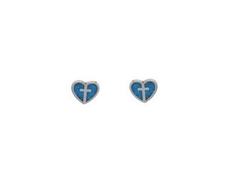 Heart Cross Stud Earrings Sterling Silver Turquoise Inlay | Cross Jewelry | Spiritual Jewelry