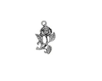 Rose Charm Sterling Silver, Long Stem Rose Charm, Rose Jewelry, Flower Jewelry