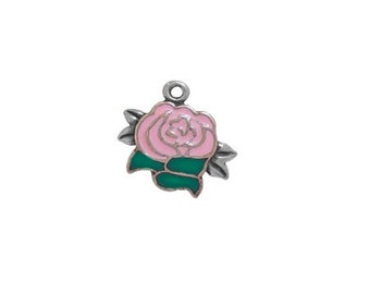 Pink Rose Charm Sterling Silver Enameled, Rose Jewelry, Flower Jewelry, Garden Jewelry