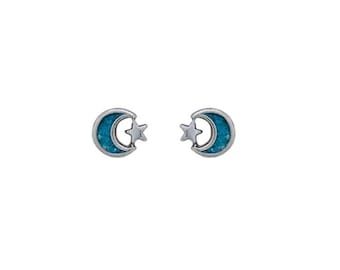 Sterling Silver TINY 8x9mm Blue Turquoise Chip Moon Star Studs Stud Earrings
