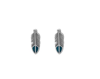 Sterling Silver Feather Stud Earrings with Turquoise Inlay - Boho Jewelry for Nature Lovers